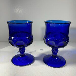 Lot Pair of 2 Vintage Cobalt Blue Low Stemmed Water Wine Goblets Glasses 4.5" In
